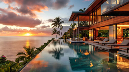 Obraz premium Luxury villa with infinity pool overlooking the ocean at a beautiful tropical sunset
