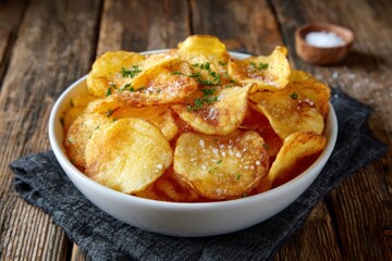 Crispy homemade potato chips served in a bowl on rustic wooden table with salt