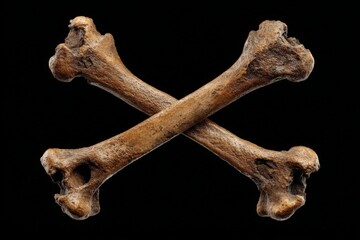 Crossed bones displayed against a dark background highlighting their texture and structure in a striking arrangement at an isolated location