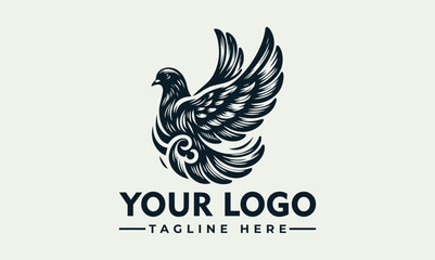 Elegant dove illustration with spread wings, stylized feathers, and decorative swirls.