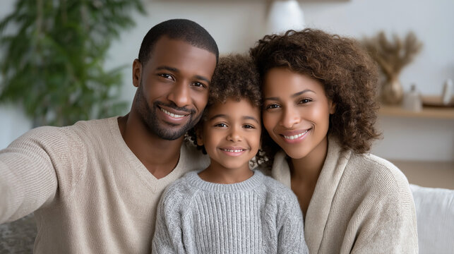 Joyful African American family enjoying a selfie at home