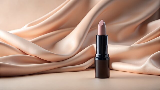 A tube of pink lipstick rests on flowing, soft beige silk fabric