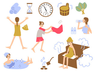 サウナ関連グッズと女性イラストセット_顔入り