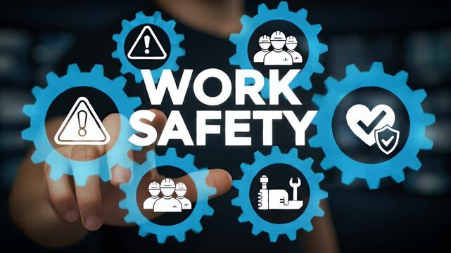 Man Touching Digital Screen Displaying Work Safety Icons in Blue Gears with White Text and Black Shirt