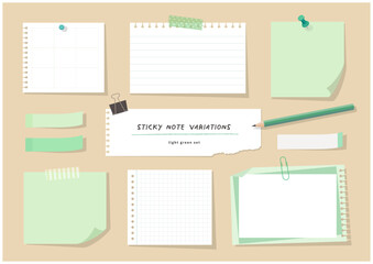 ノート、メモ、付箋の素材セット（ライトグリーン）