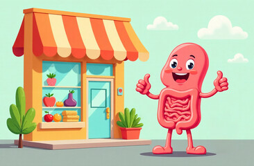 A smiling anthropomorphic intestine stands outside a store with a fiber sign, showing thumbs up. On display are vegetables and fruits rich in fiber. Comic scene with a health food store