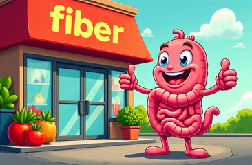 A smiling anthropomorphic intestine stands outside a store with a fiber sign, showing thumbs up. On display are vegetables and fruits rich in fiber. Comic scene with a health food store