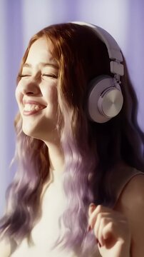 Joyful Young Woman with Headphones Smiles in Anime Manga Style Portrait with Purple Wavy Hair and Light Brown Shades in Soft Lighting