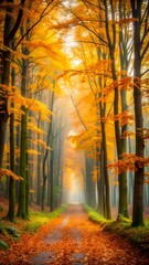 Fototapeta premium A sunlit path through an autumn forest with vibrant orange and yellow leaves