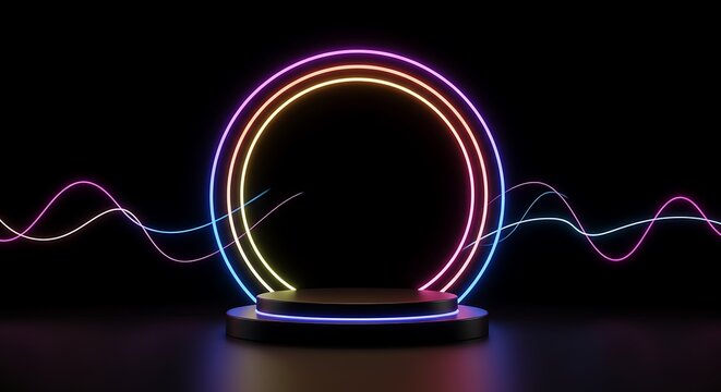 Podium floating in the air with line gradient neon ring on background and neon wave line lasers around - Powered by Adobe