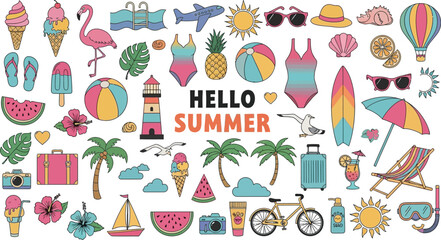 Summer vacation themed flat lay features colorful beach and holiday elements