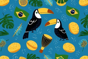 Vibrant illustration of two toucans surrounded by Brazilian flags, drums, tropical leaves, feathers, and traditional foods on a blue background celebrating Brazil Independence Day