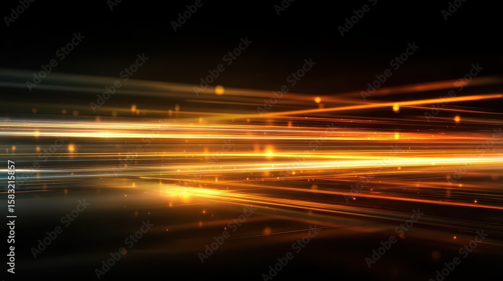 Poster golden light streaks and bokeh effect against a dark background. great for illustrating speed, futur