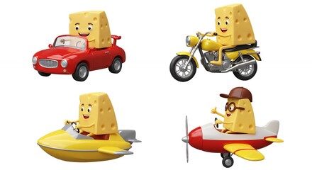 Fototapeta premium Cheese character toys in vehicles playful illustration