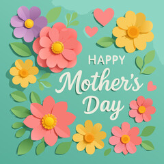 3D Paper Flower Vector Design for Mother’s Day Card" – vibrant pastel colors with layered floral elements and heart icons on a soft turquoise background.