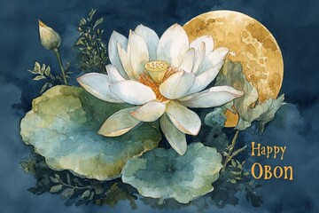 White lotus flowers with green leaves in front of a glowing full moon and the text Happy Obon on a dark background, symbolizing the Japanese Obon festival