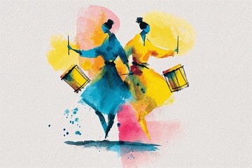 Stylized watercolor illustration of two dancers playing drums in yellow, blue, and red tones, symbolizing Brazil Independence Day or Latin American cultural celebrations