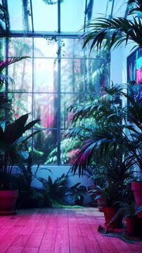 Lush Greenhouse Interior with Pink Flooring and Sunlit Forest View in Anime Style