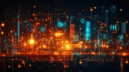 Fototapeta premium Futuristic city illuminated by digital networks.