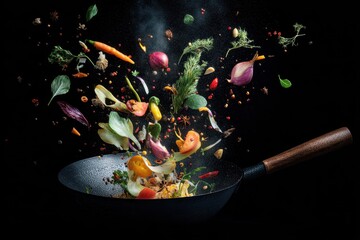 Frying pan with flying vegetables and herbs, against a dark backdrop. Food preparation