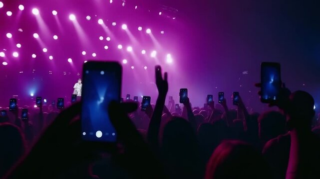 Concert crowd holding smartphone recording live video with purple stage lights, capturing energetic music performance and lively atmosphere