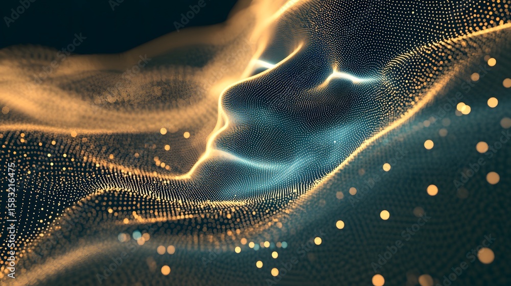 Poster abstract digital face design with shimmering particles.
