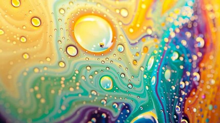 Colorful liquid abstract with water bubbles: An abstract composition of colorful liquid featuring multiple water bubbles and vibrant colors that evoke emotions