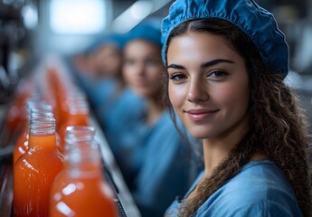 Smiling Worker in Blue Uniform with Juice Bottles in Production