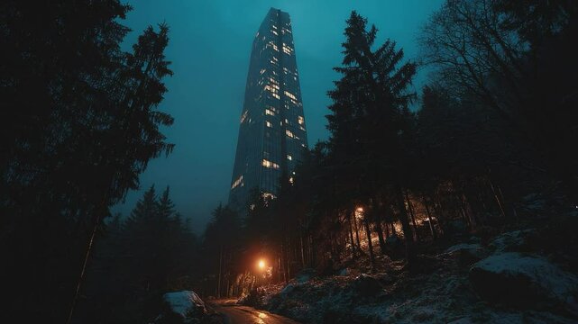Illuminated Tower: A modern skyscraper ascends through the mist, a beacon of light in the encroaching darkness of the forest, symbolizing innovation and ambition.