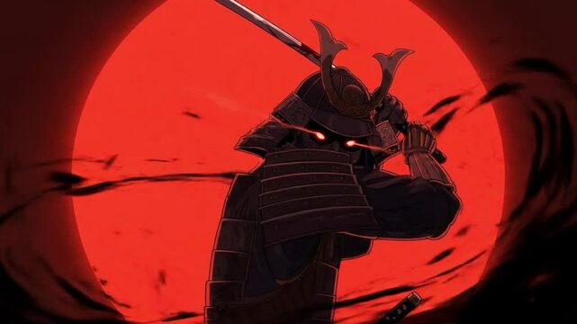 Fierce oni samurai in front of a bloodred moon. Perfect for designs related to Japanese culture, warriors, and dark fantasy.