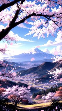 Majestic Mountain Vista with Pink Cherry Blossoms in Anime Manga Style Under Sunny Sky Depicting Spring Season Serenity