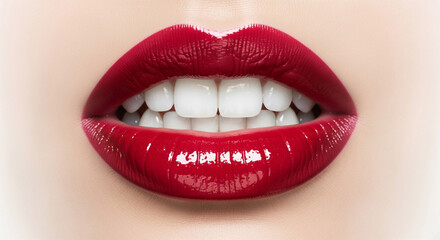 Obraz premium Close-up of red lips with glossy lipstick and bright white teeth, showcasing beauty and cosmetic product advertisement potentialFree space for text or logo