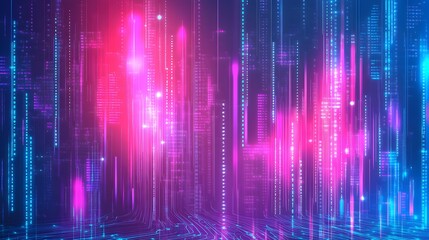Neon glowing digital cityscape background.