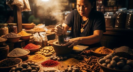 Woman Grinding Spices in a Traditional Market, Aromas Rising
