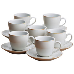 Elegant white porcelain coffee cups and saucers arranged on a transparent background