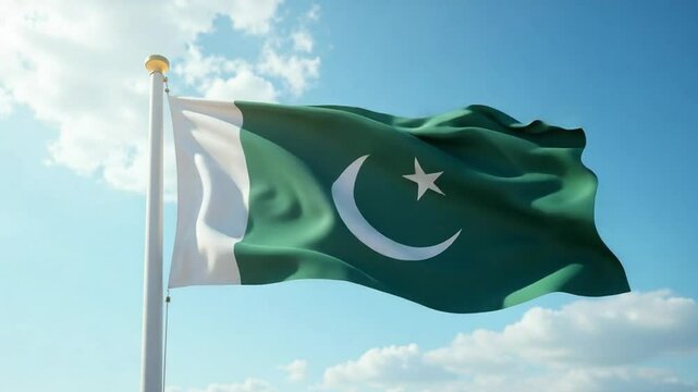 Pakistan Flag Waving in Clear Sky – Symbol of National Pride and Freedom - Powered by Adobe