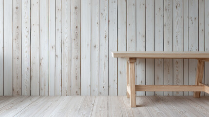 Wooden table with natural light wood texture against white birch wood plank wall, creating calm and soft interior space with vertical and horizontal lines