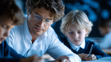 A teacher assists students in a bright and inviting classroom