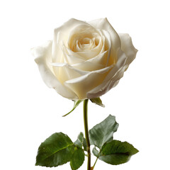 Elegant white rose blooming with soft petals against a dramatic transparent background