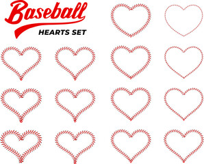 Abstract Heart frame set made from red baseball stitch details. Vector illustration on white