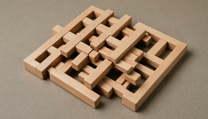 Wooden puzzle lies intricately intertwined, offering a complex and captivating challenge for problem-solving enthusiasts.
