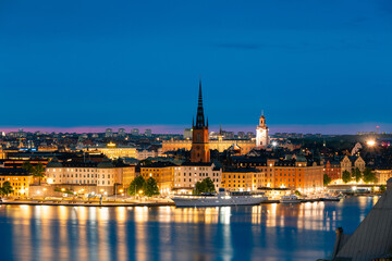 Night view of the Gamla Stan skyline, Stockholm, Sweden.