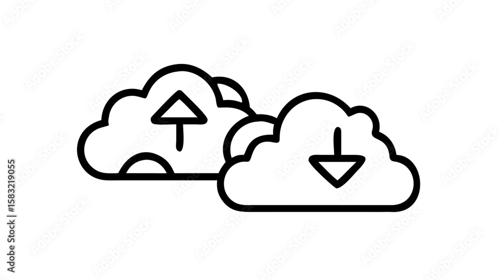 Poster two stylized cloud icons with upward and downward arrows representing data upload and download proce
