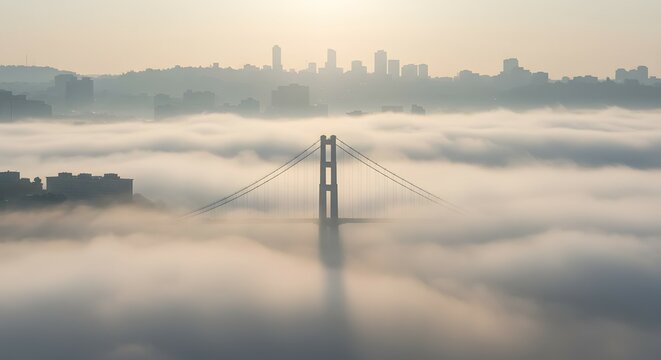 Golden Light Pierces Fog Golden Gate Bridge Silhouetted.