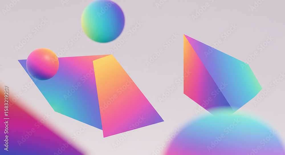 Aufkleber abstract composition of colorful gradient geometric shapes, including spheres and prisms, floating i