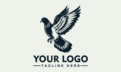 Detailed illustration of a dove in flight, with wings spread wide, logo design.