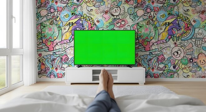 Person relaxing in bed, facing a green screen television in a room with colorful cartoon graffiti wallpaper. - Powered by Adobe