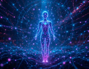 Futuristic AI Human Avatar: Glowing Digital Body & Neural Network for Virtual Reality & Metaverse Concepts