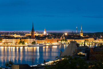 Night view of Stockholm with blue sky.