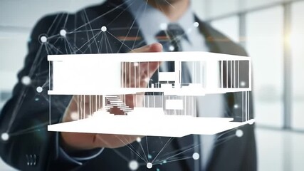 Architect Holding White House Model with Futuristic Network Design in Light Filled Office Space Modern Architecture Design with Interactive Technology Solutions - Powered by Adobe